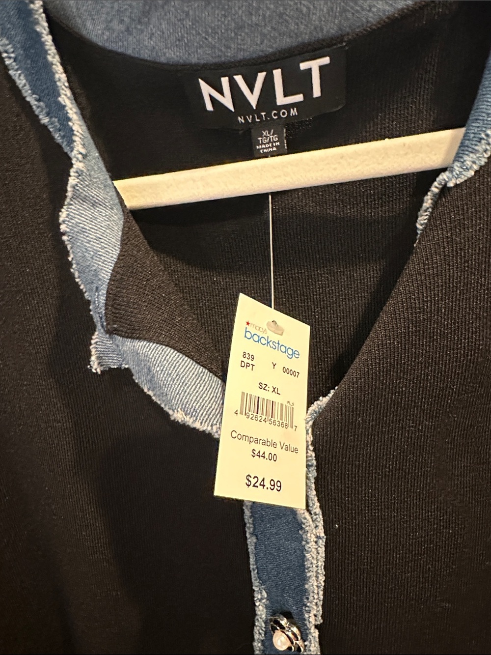 NVLT Black Knit Vest with Blue Denim Trim and Decorative Buttons - Picture 2 of 4